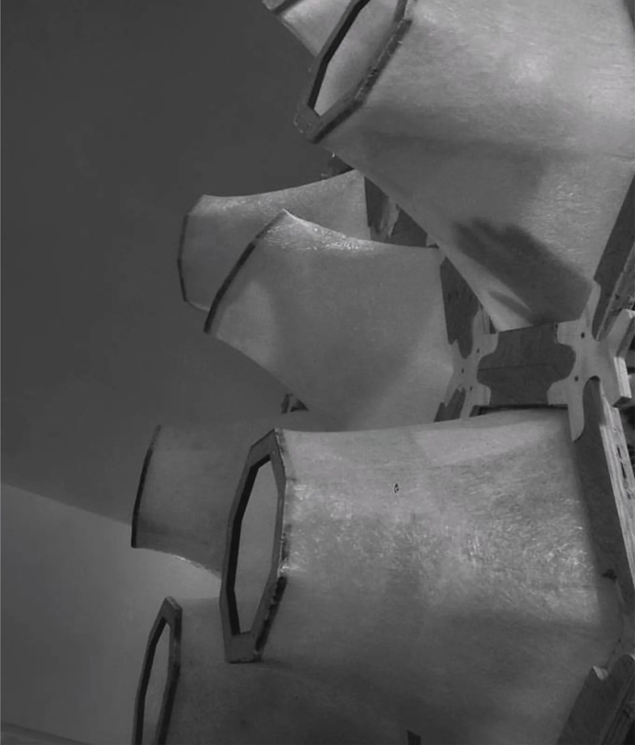 form finding: fibreglass modules from the form-finding process, lit from within