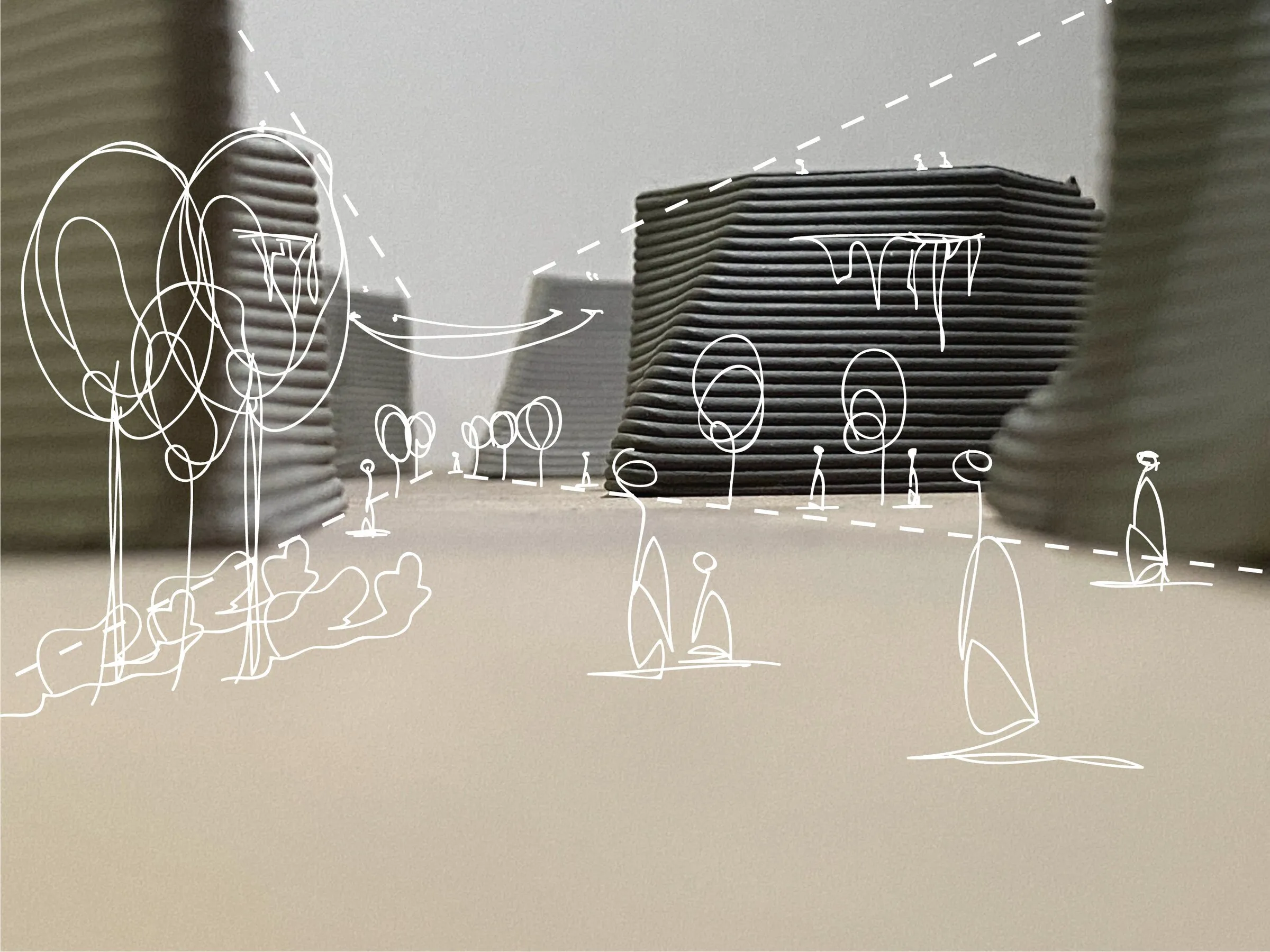 tessellations in 3d-printed clay: speculative cityscape (sketch over model)