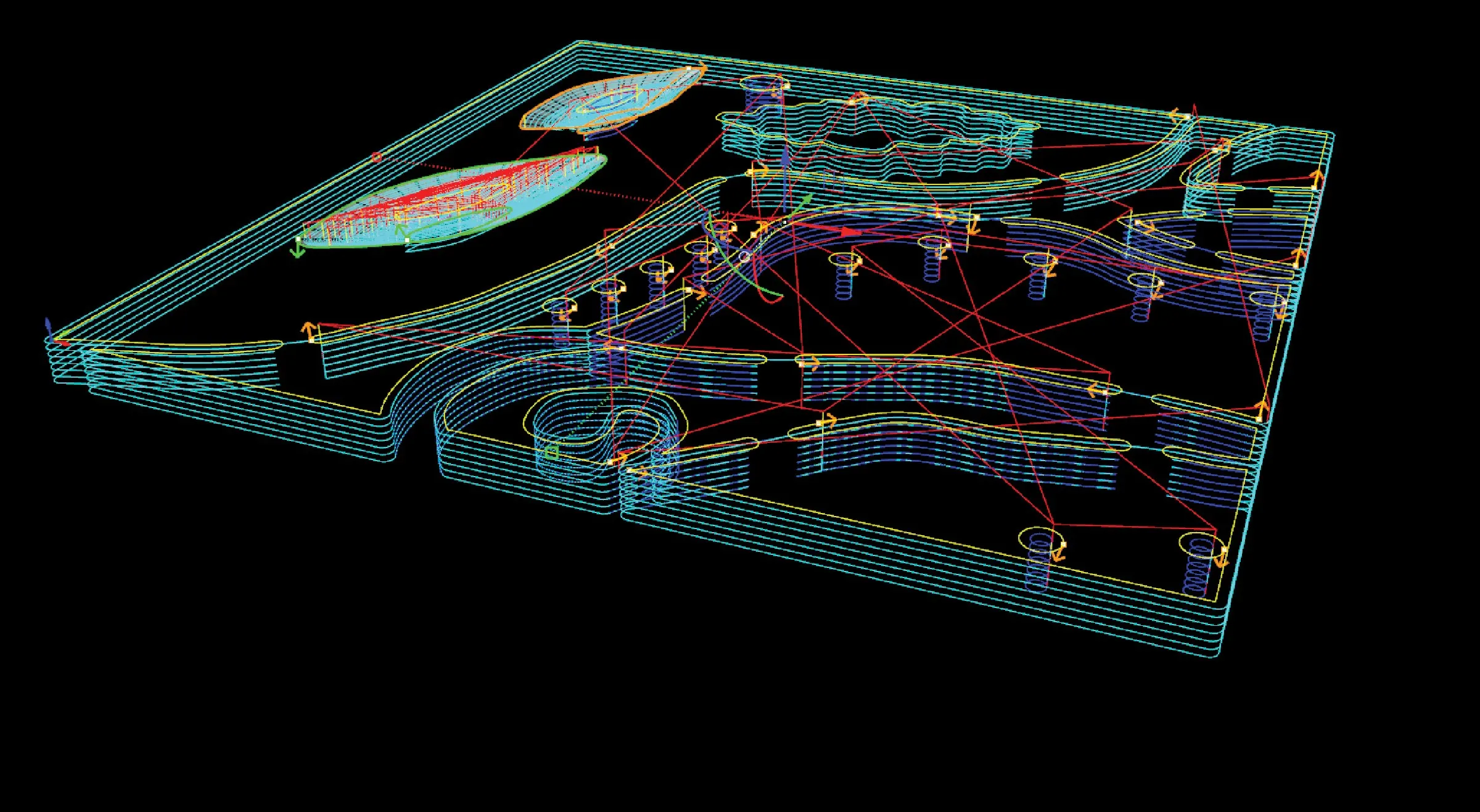 a perspective view of toolpaths generated in cam software, on black