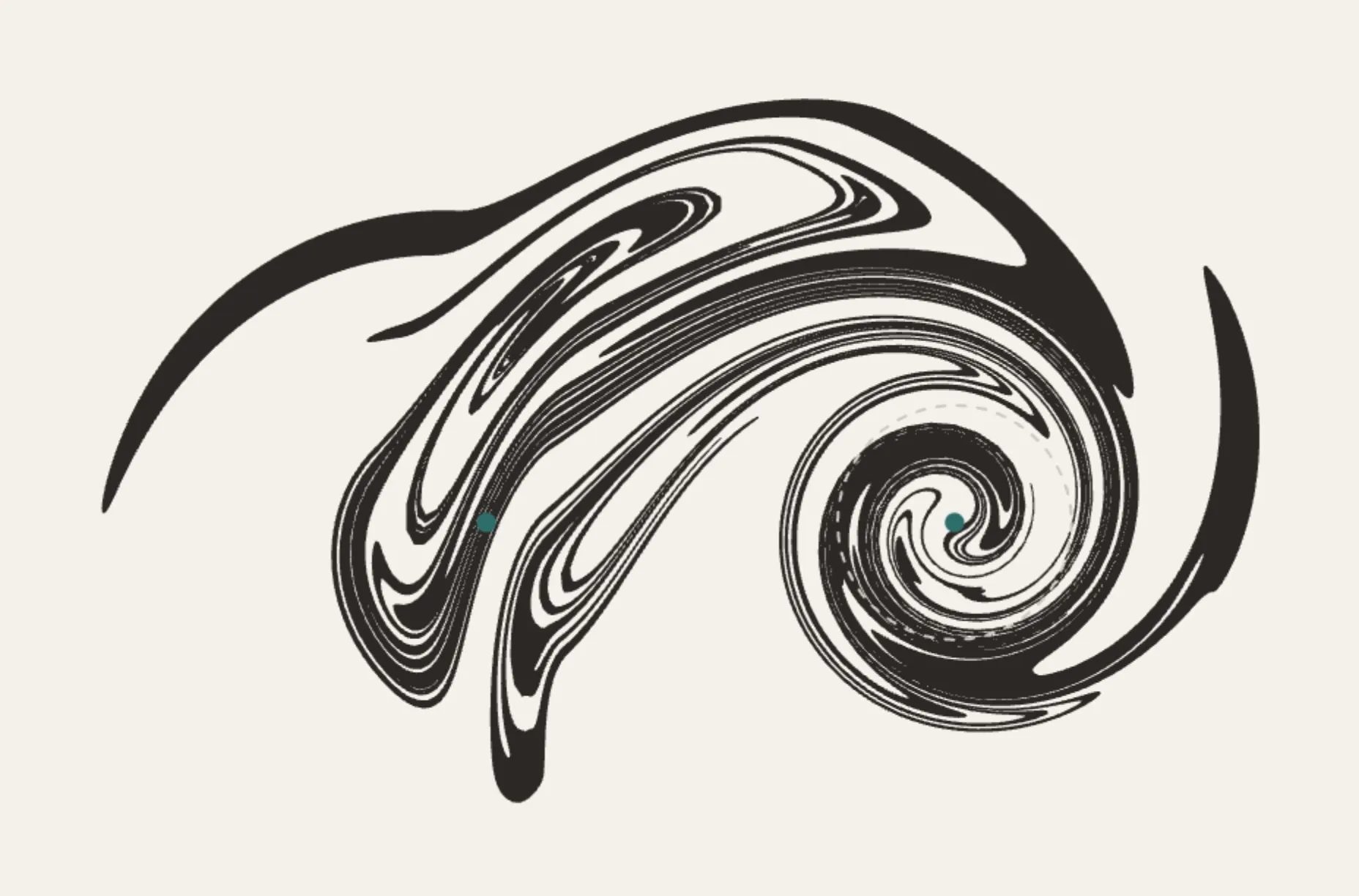 D’Arcy’s stretch and fold model, blinking vortex preset: one blob of paint wound by two stirrers in turn into a folded black swirl