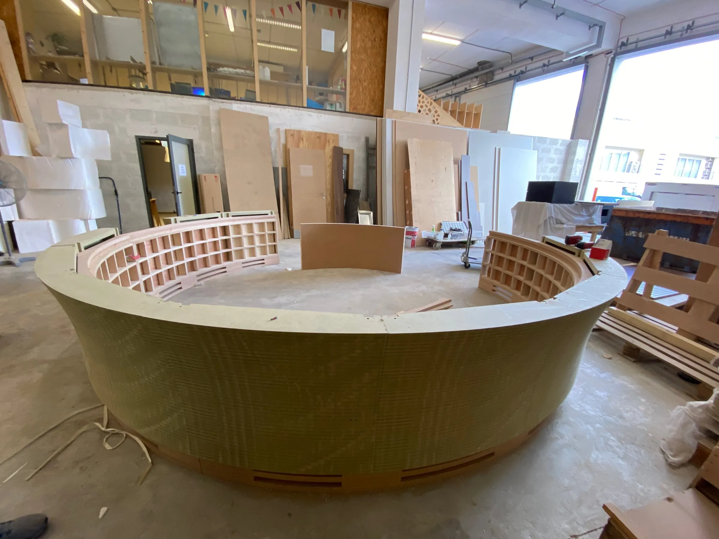 farsons old brewhouse desk, the ribbed drum in the workshop, with the milled backing going on