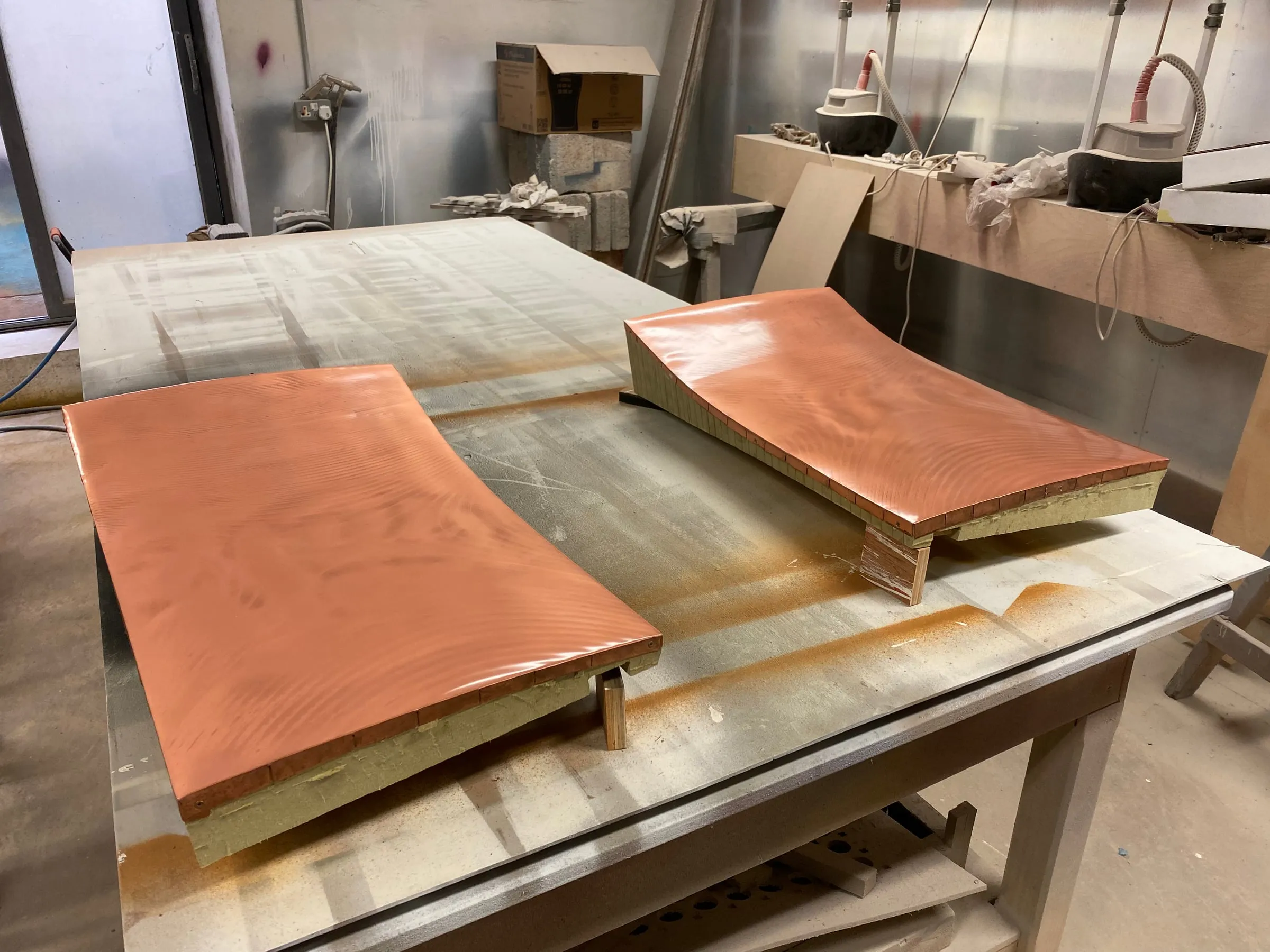 farsons old brewhouse desk, two formed panels on their milled backing