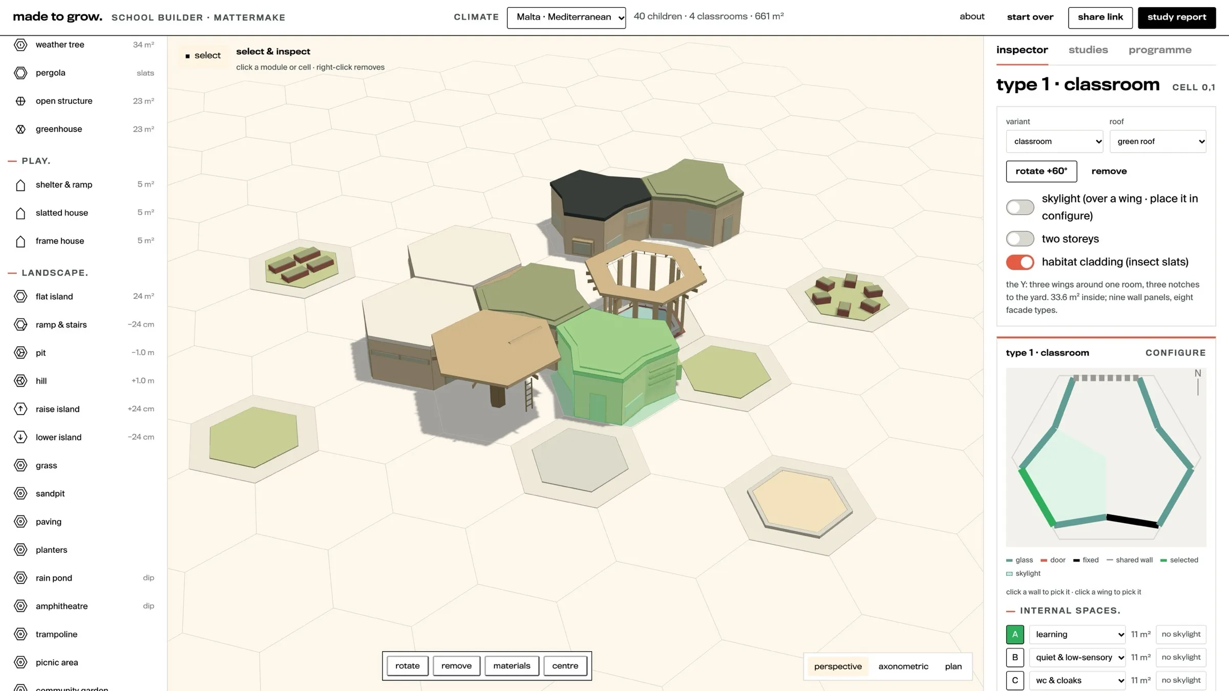 one classroom in the cluster highlighted green, with the inspector showing a green roof, habitat cladding, a plan of its walls and its internal spaces