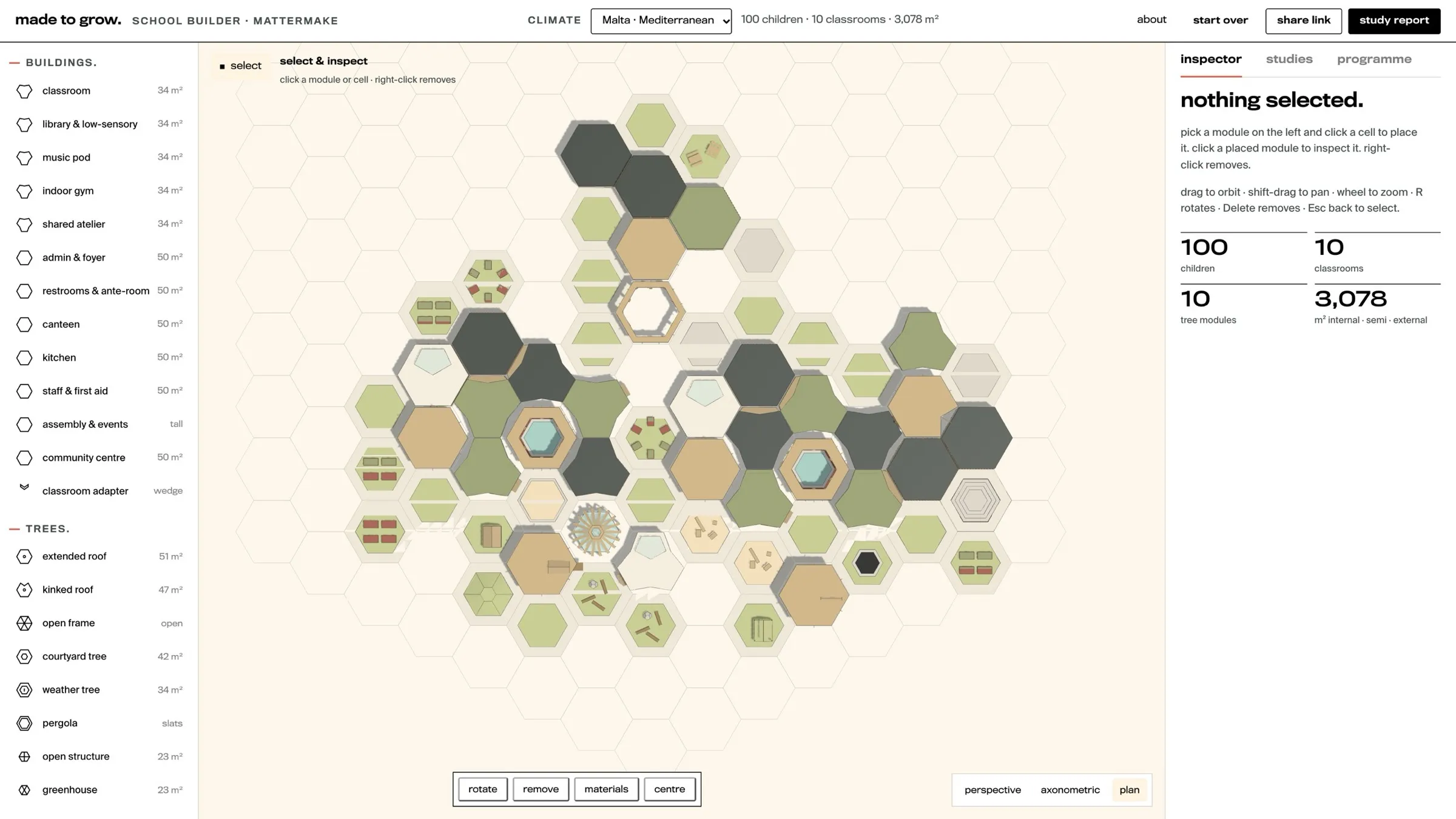 a top-down plan of hexagonal modules with dark and green roofs, timber canopies, courtyard pools and planted cells