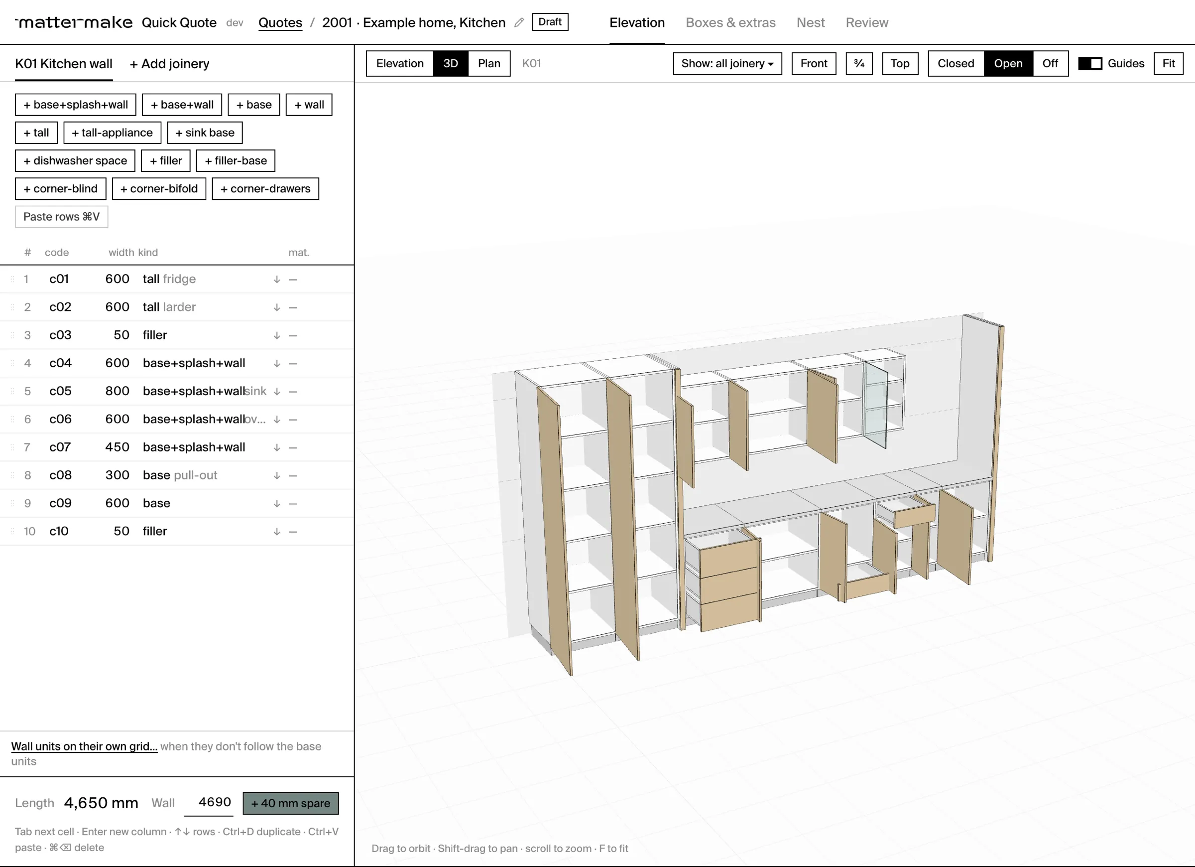Screenshot of Quick Quote’s 3D view of a kitchen with doors and drawers open