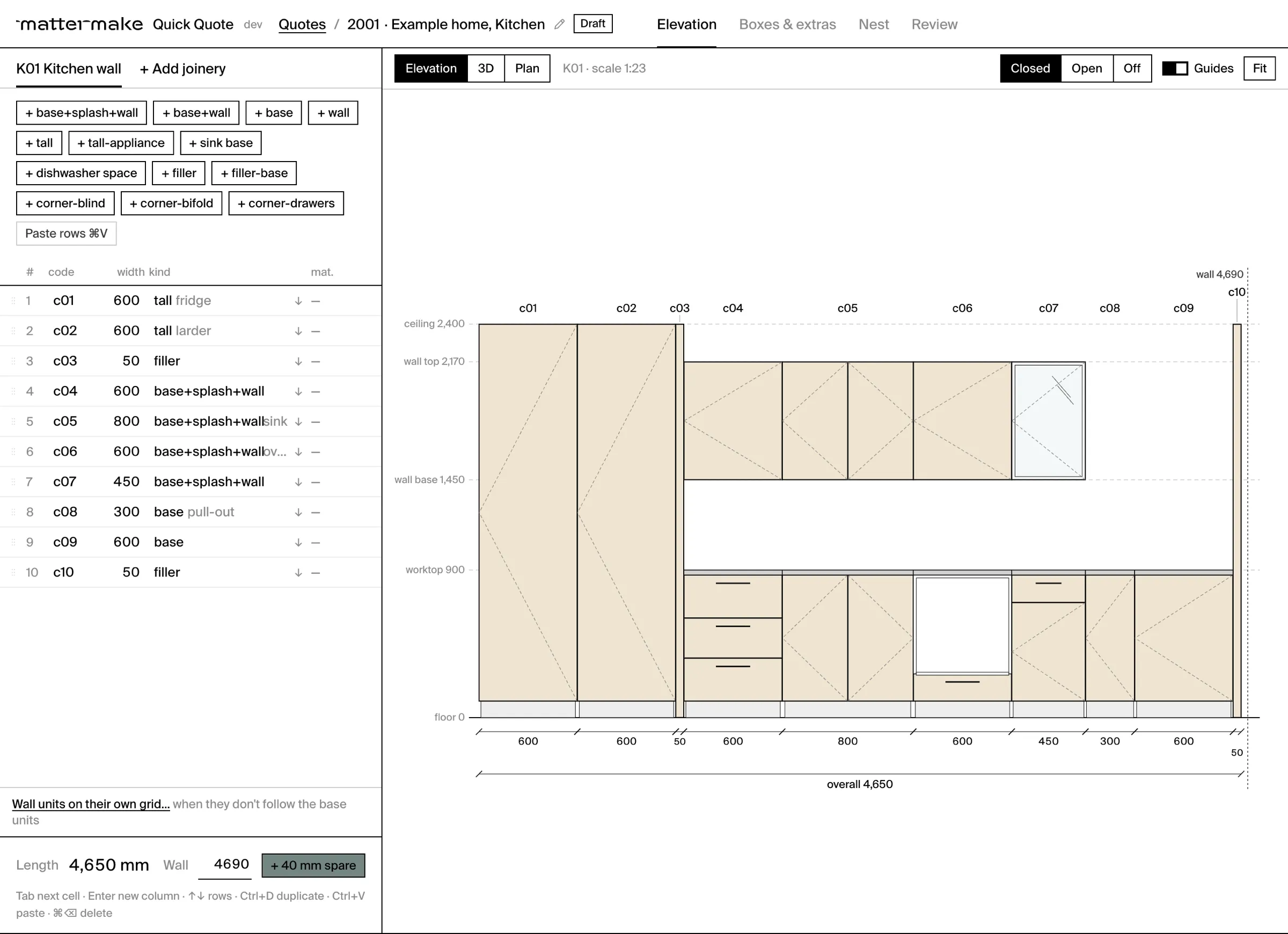 Screenshot of Quick Quote showing a table of kitchen columns and a scaled elevation of the kitchen