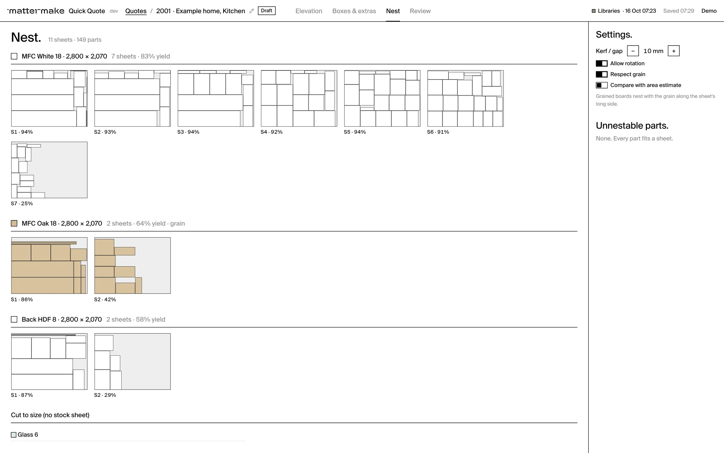 Screenshot of Quick Quote’s nest view: board sheets with the parts laid out on them and the yield of each sheet