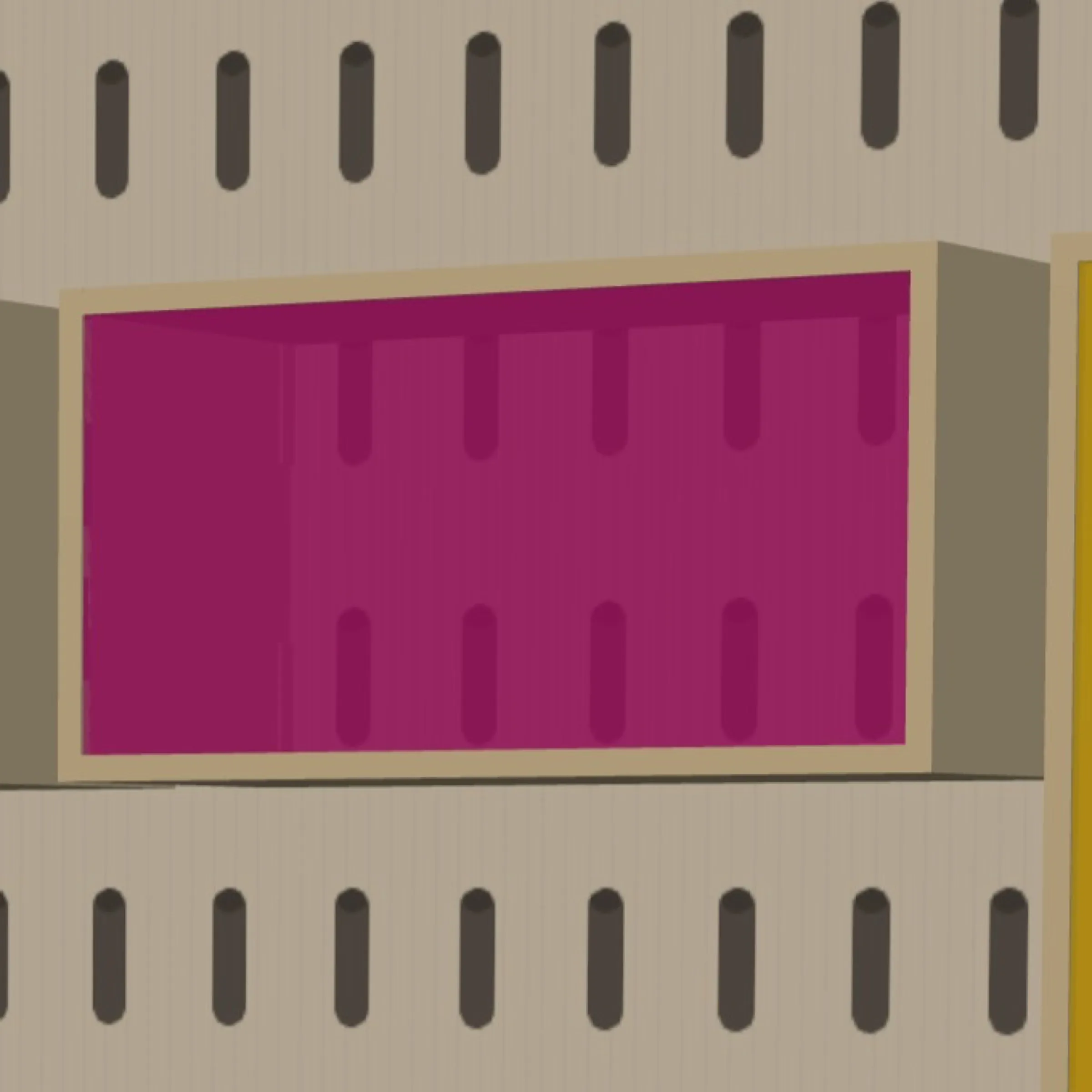 close-up render of a coloured storage box hanging on a slotted plywood panel