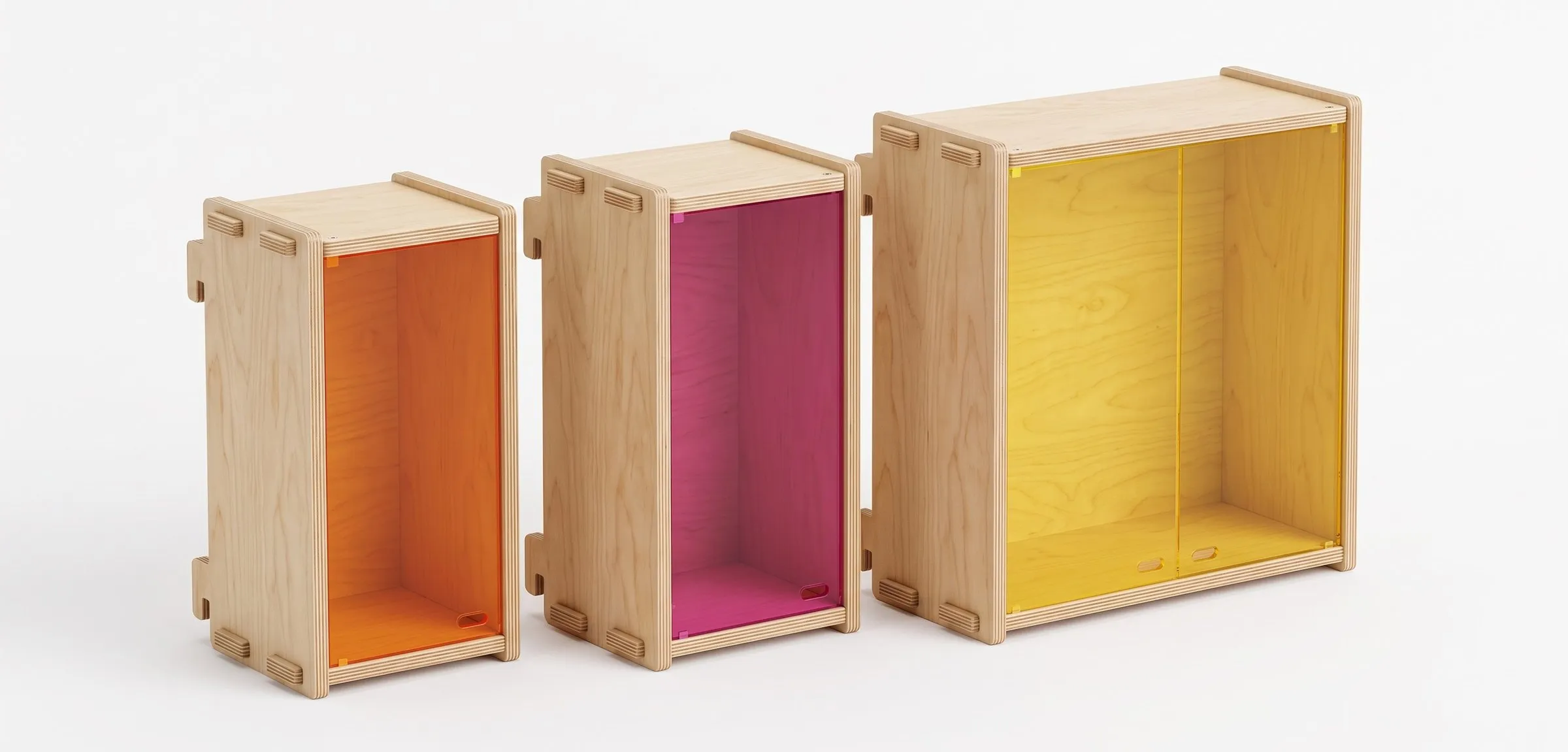 rejig three tall plywood boxes with orange, pink and yellow see-through fronts, a render