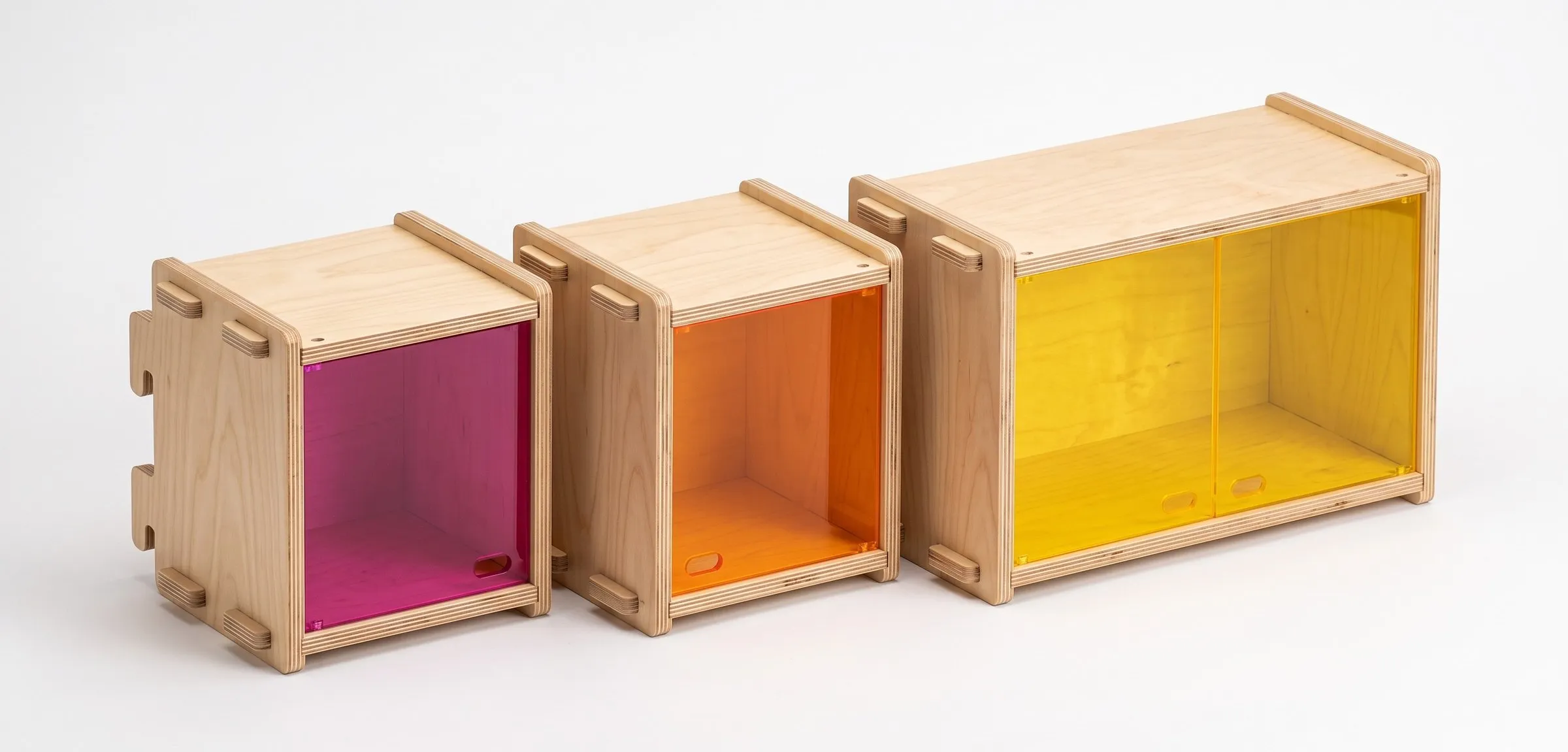 rejig three plywood boxes with pink, orange and yellow see-through fronts, a render