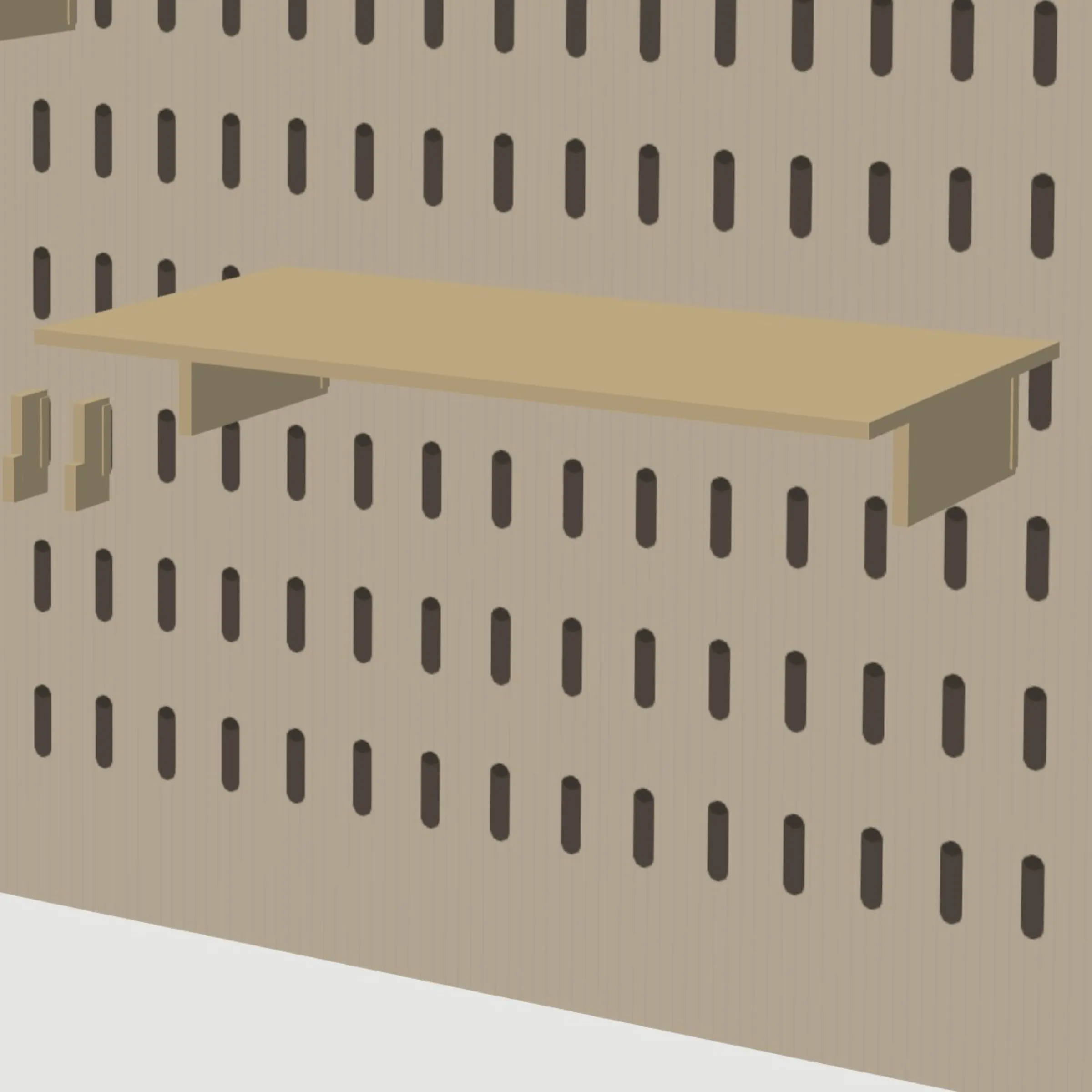 close-up render of a plywood desk hung on two brackets in a slotted panel