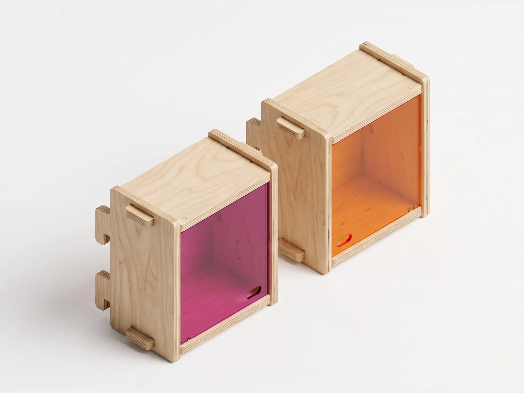 rejig box: two plywood boxes with pink and orange see-through fronts, a render