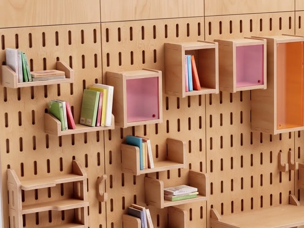 rejig panel: slotted plywood panels with shelves, books and boxes hung on them, a render