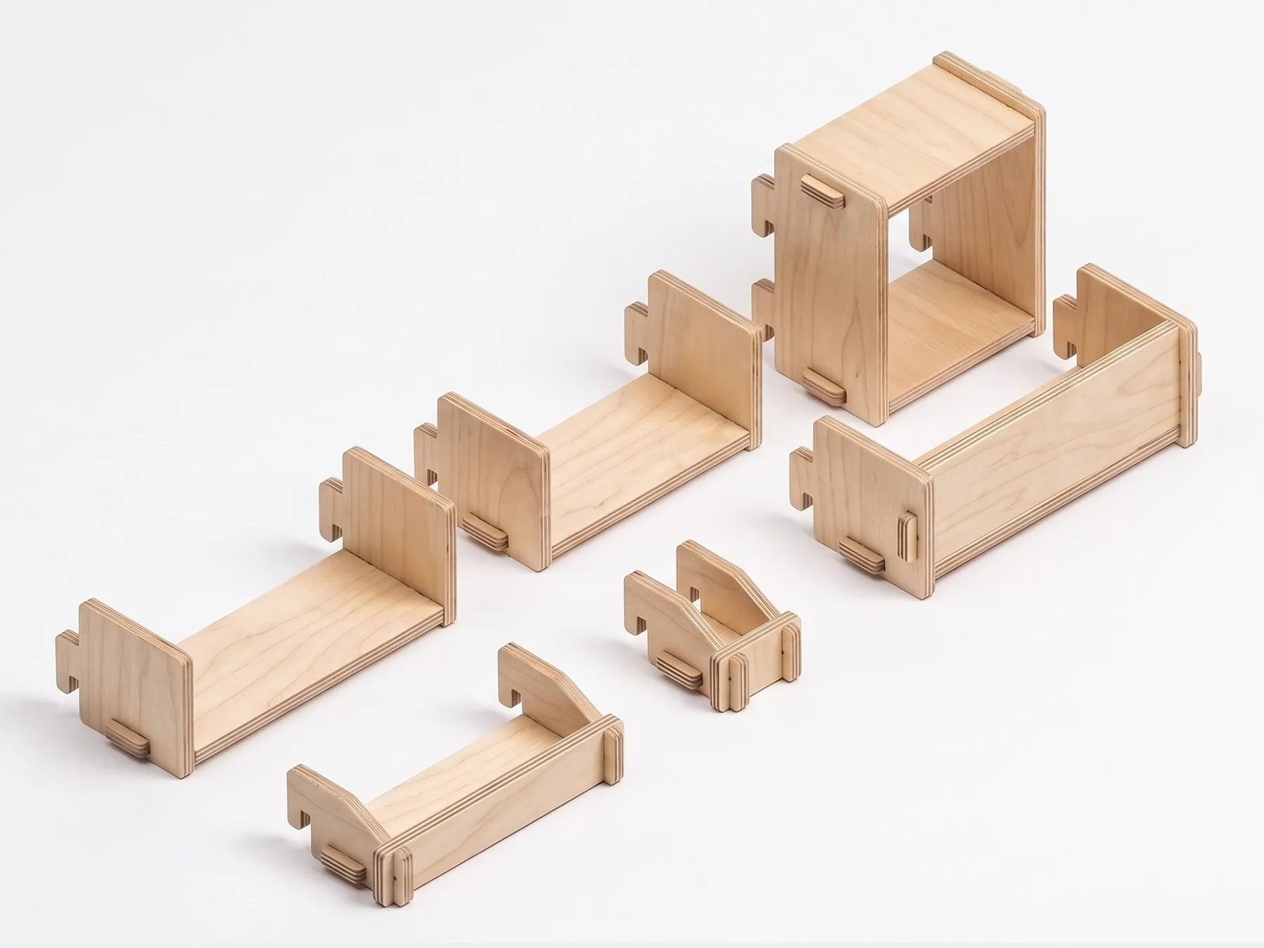 rejig shelf: plywood shelves, book trays and a cubby, with the tabs that hold them in the slots, a render
