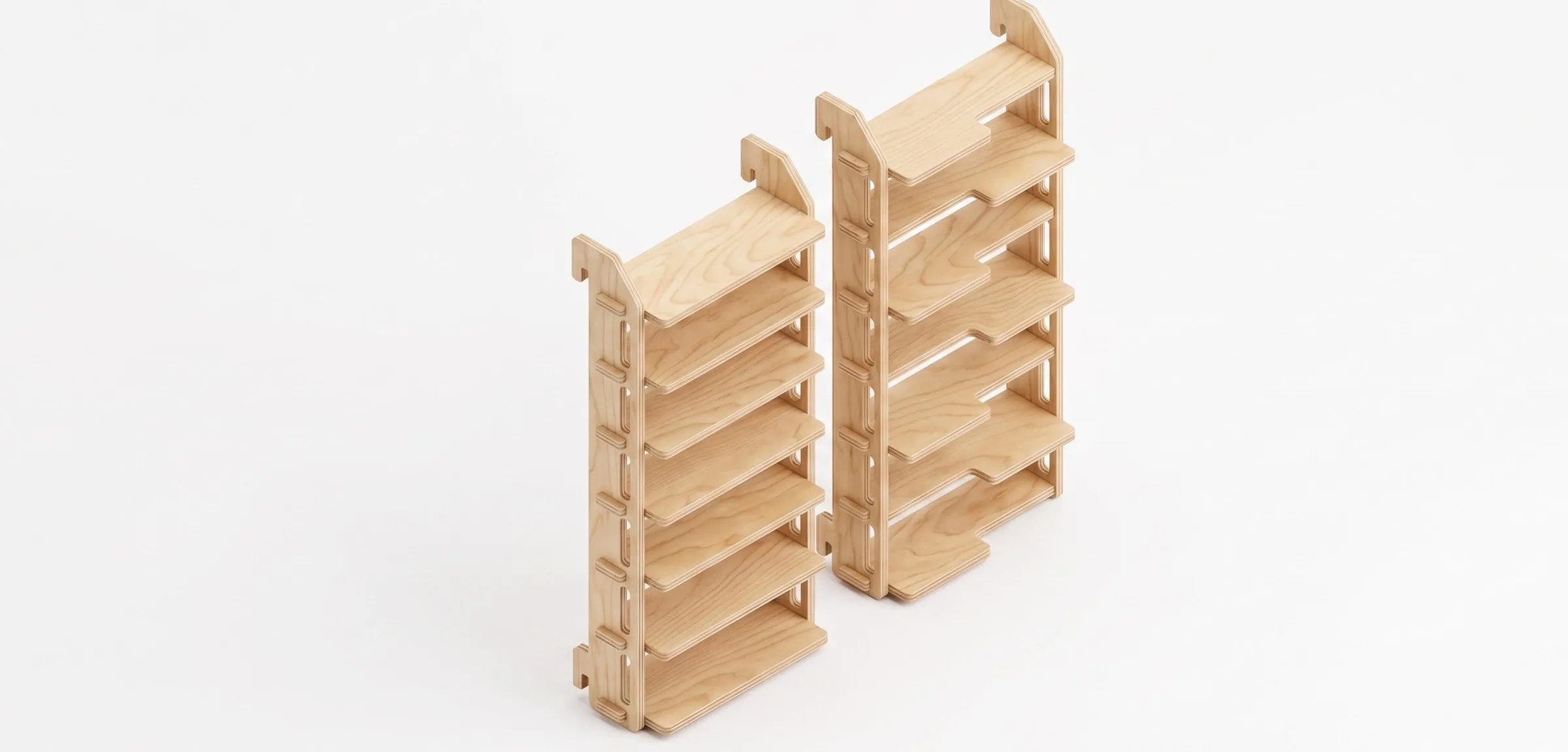 rejig two plywood ladder shelves, one with straight shelves and one with stepped shelves, a render