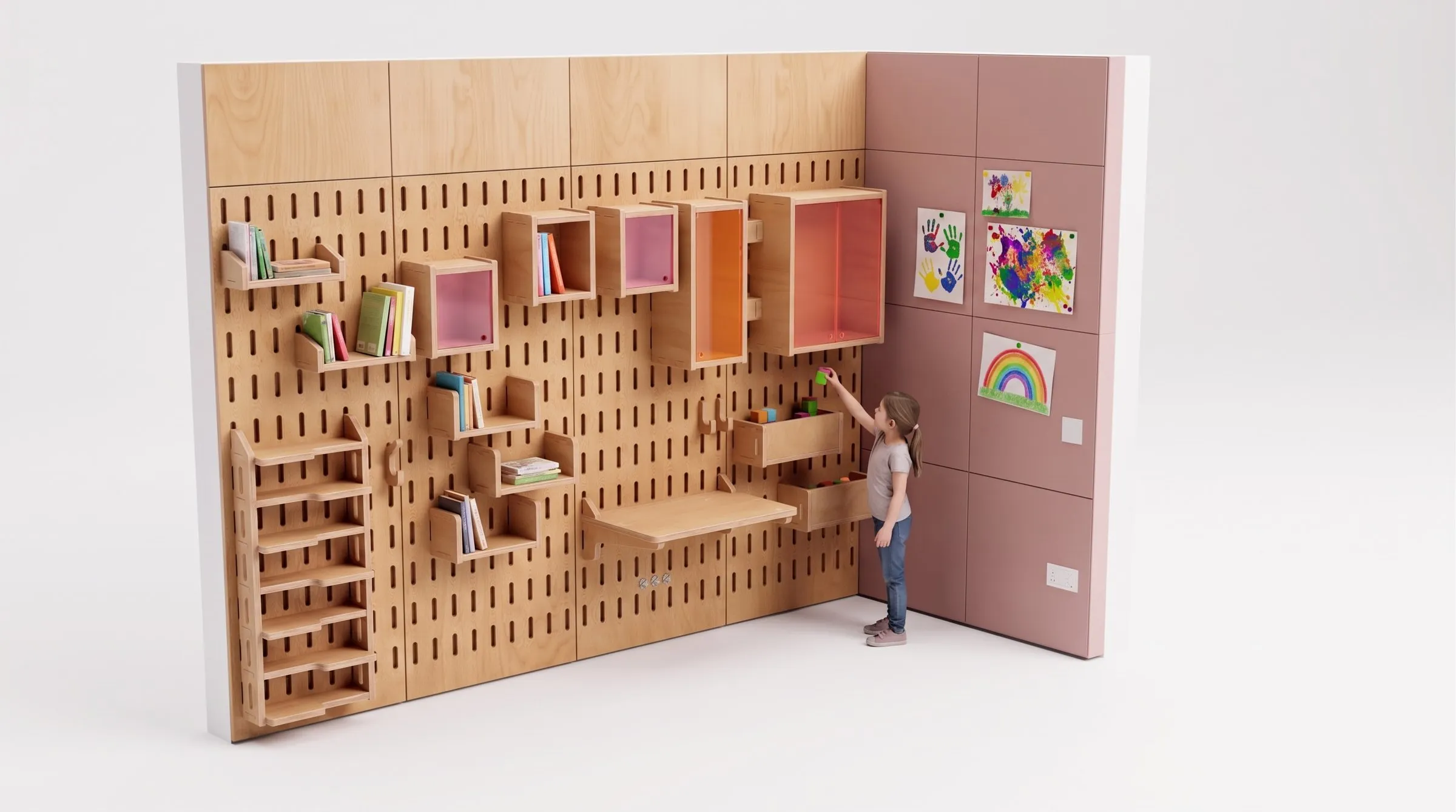 a Rejig wall of slotted plywood panels with shelves, boxes, a ladder shelf and a desk, beside a pink wall, with a child reaching for a box: a render