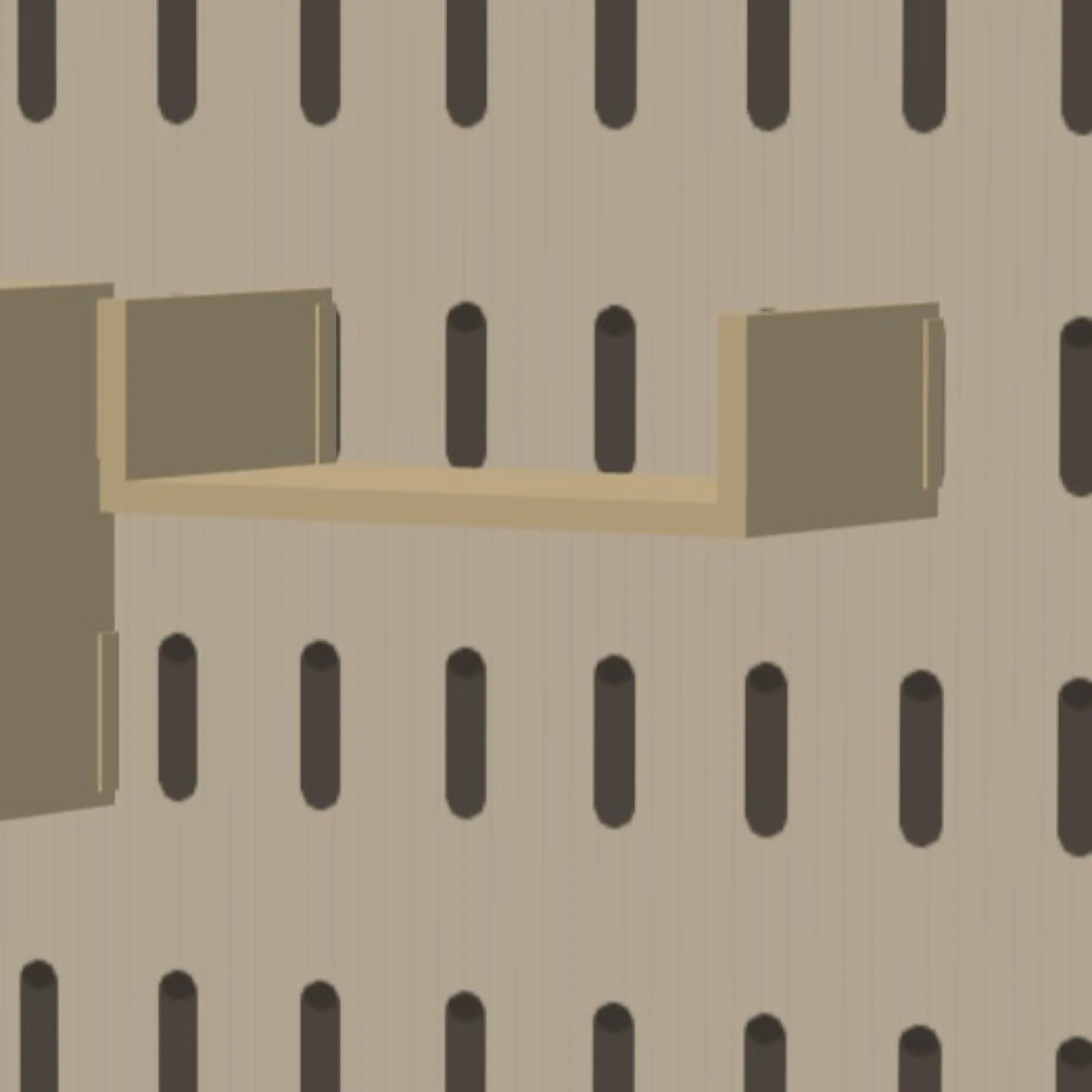 close-up render of a plywood shelf on a slotted panel
