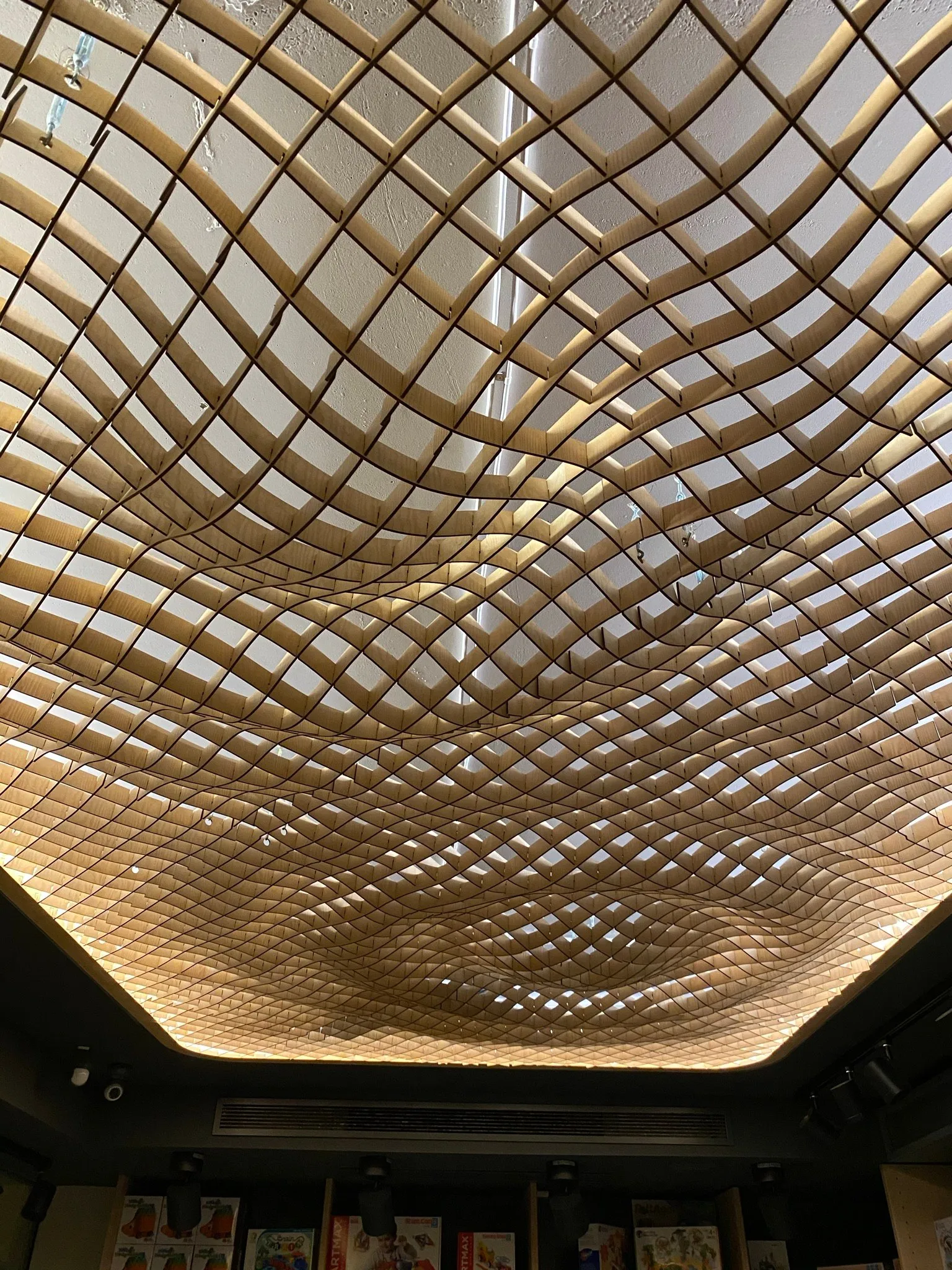 a curving slotted timber ceiling lit from its edges