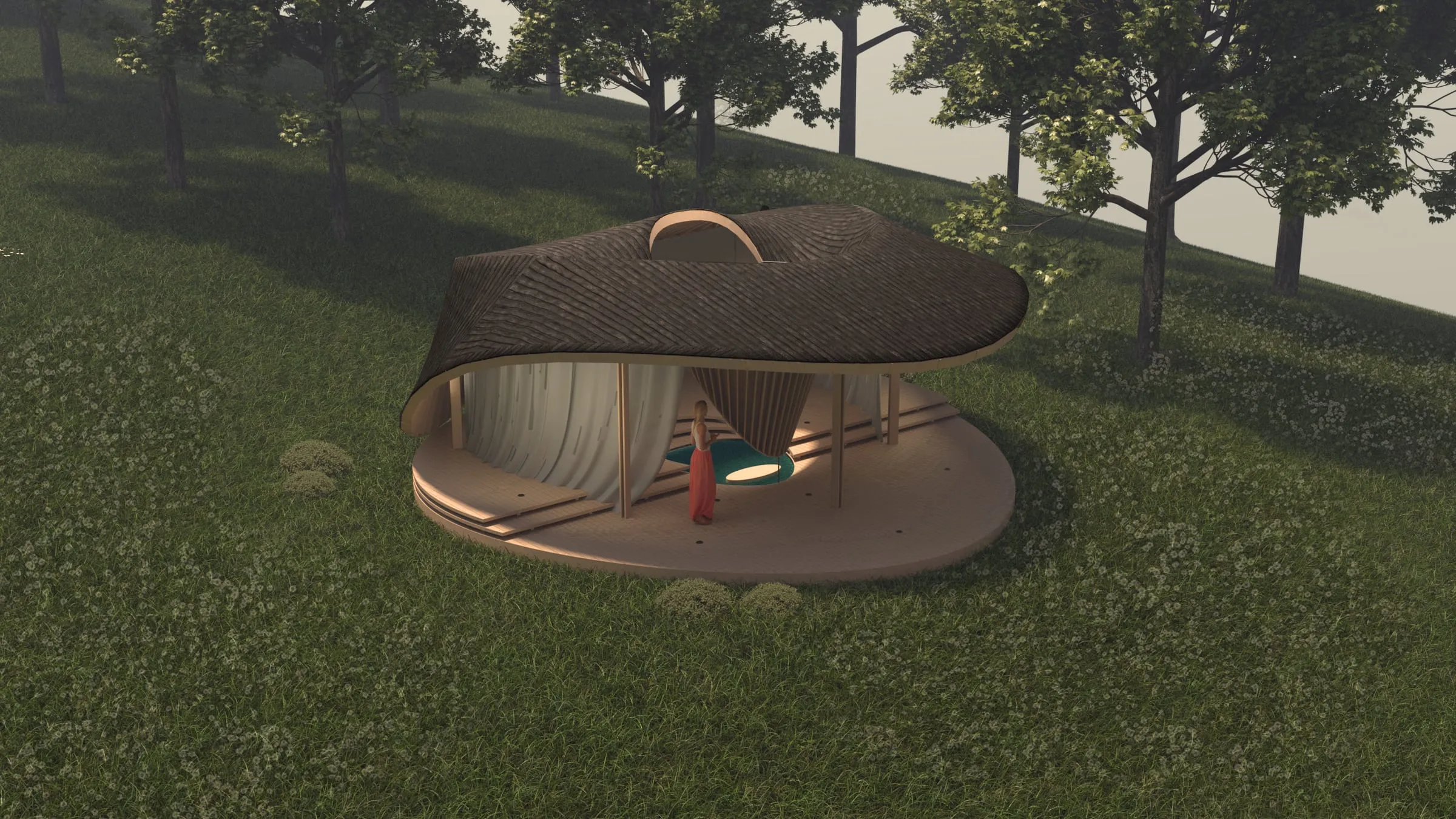 solstice retreat, the cabin on its slope · render