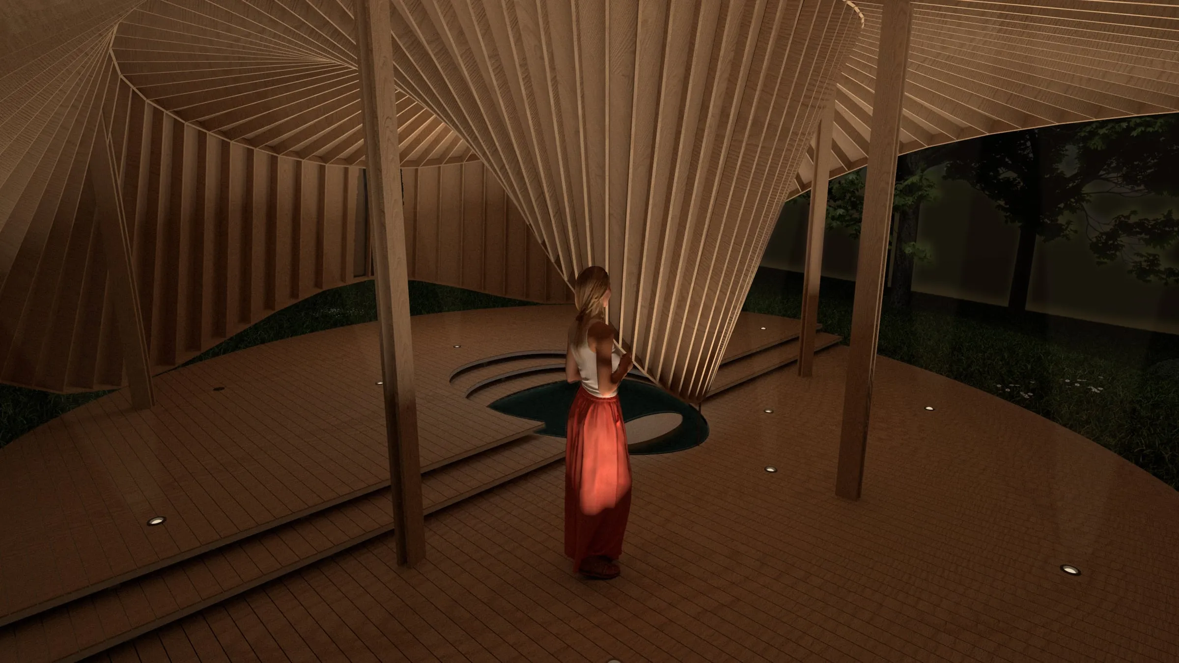 solstice retreat, inside, under the twisting roof · render