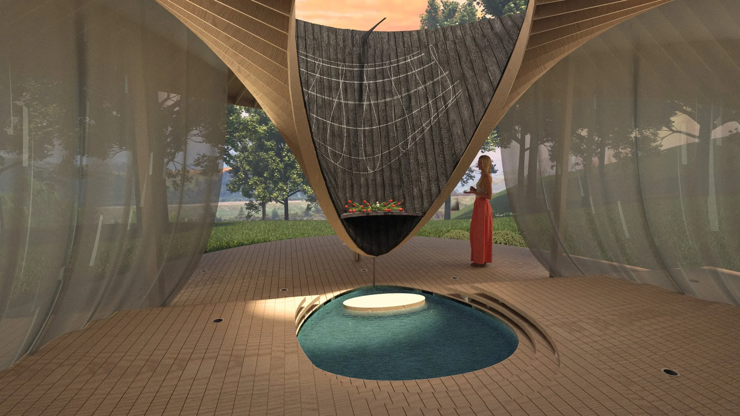 solstice retreat, the oculus, the altar and the pond · render