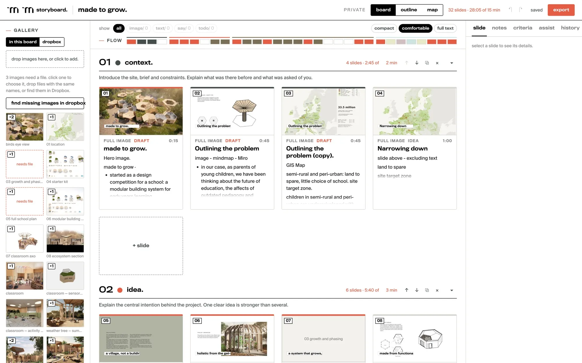 storyboard board view with sections of slide cards and running times