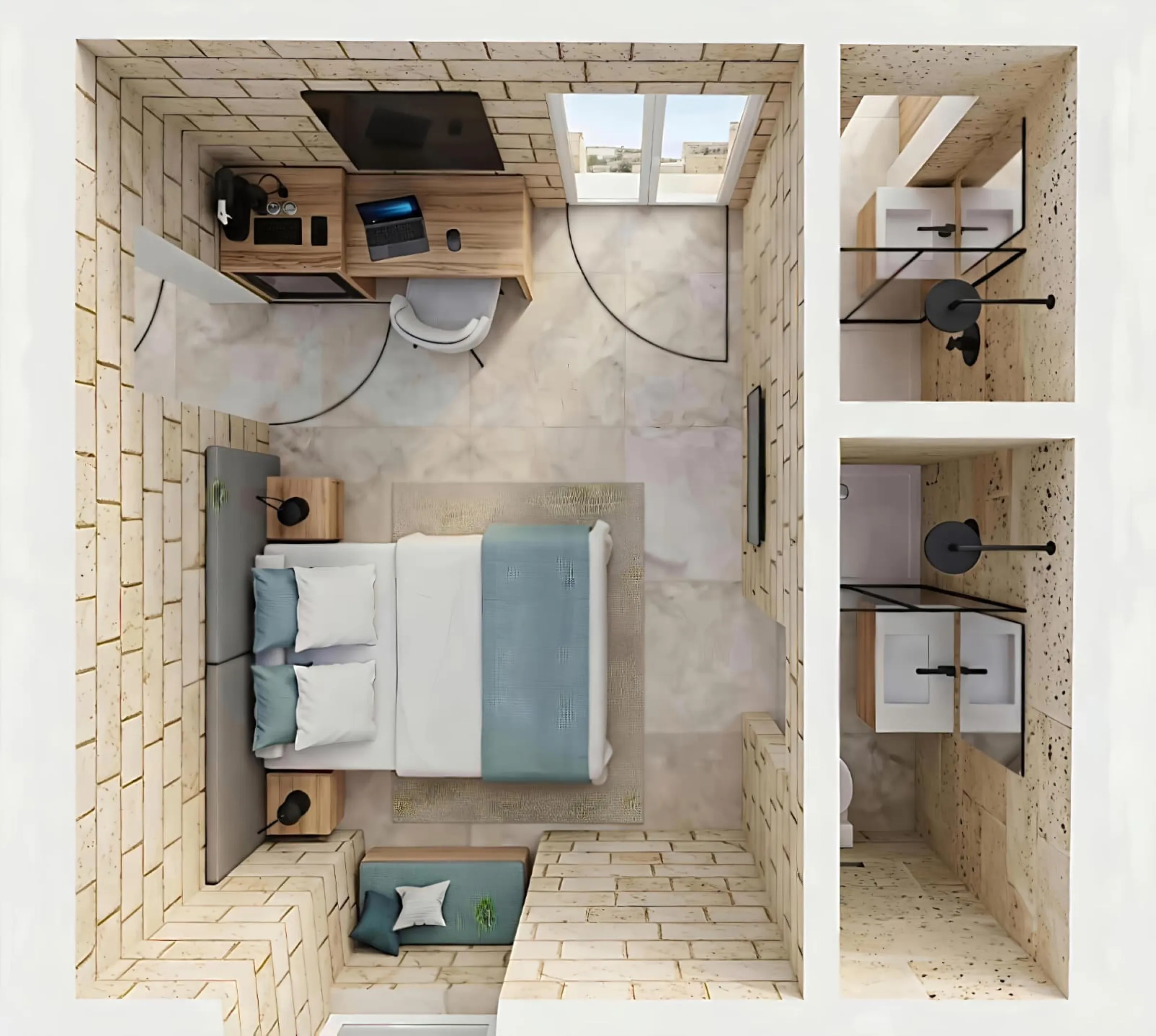 valletta guest house, a room and its shower, from above · render