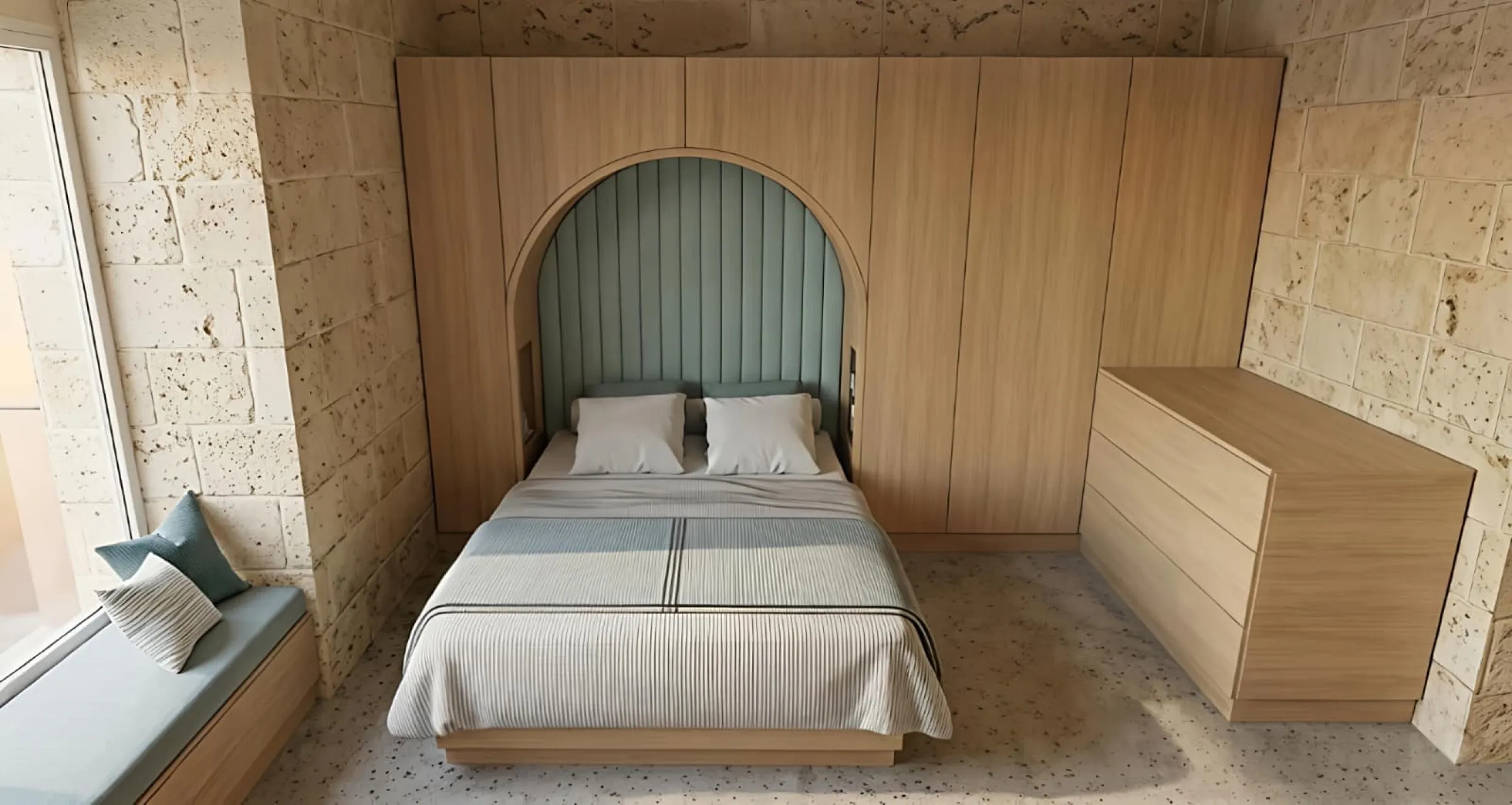 valletta guest house, the bed in its alcove · render