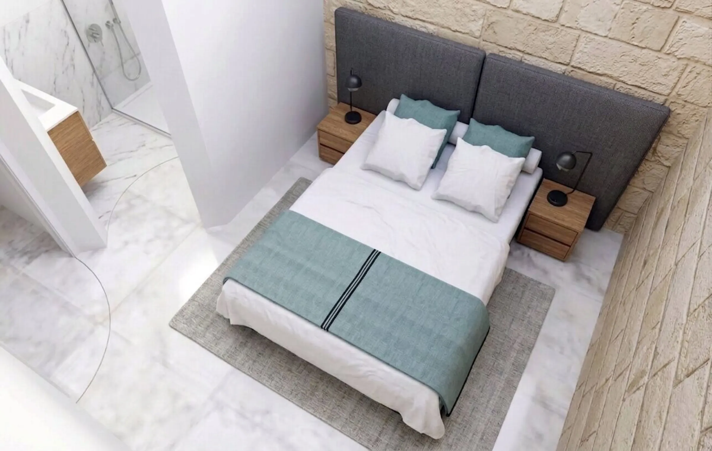 valletta guest house, a grey headboard against the stone · render