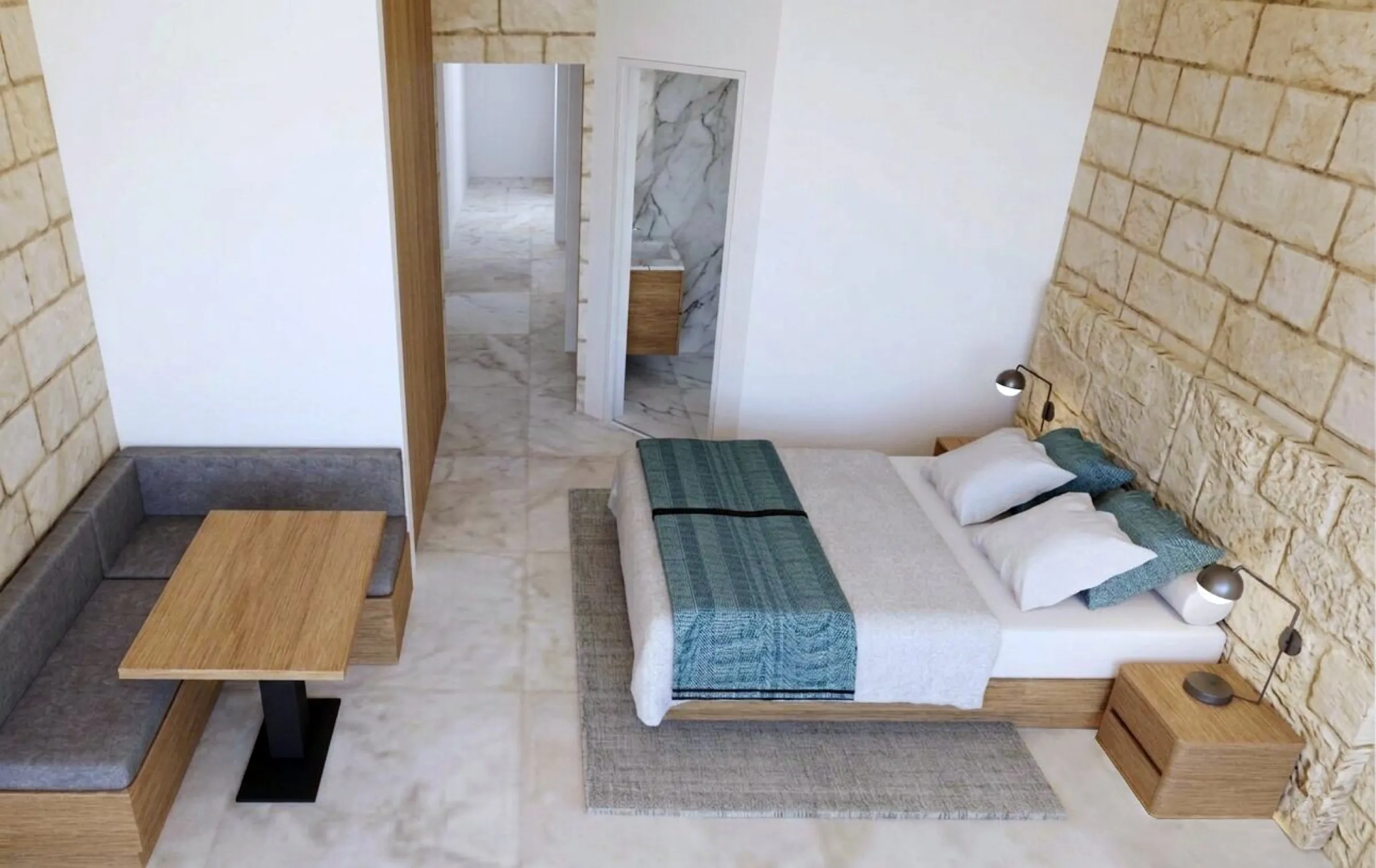 valletta guest house, a bench and a table in the thickness of the wall · render