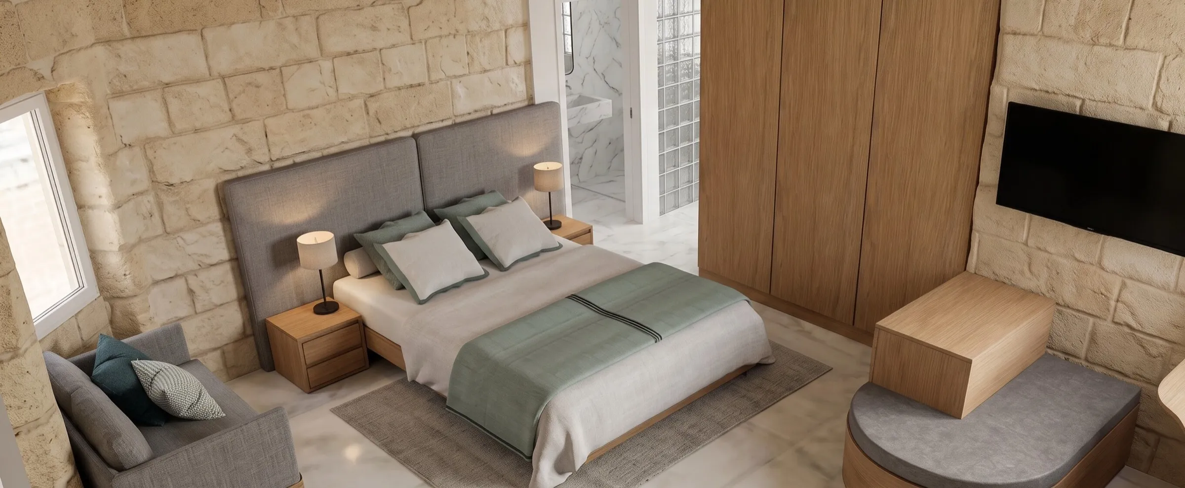 valletta guest house, headboard, wardrobe and screen in one wall · render