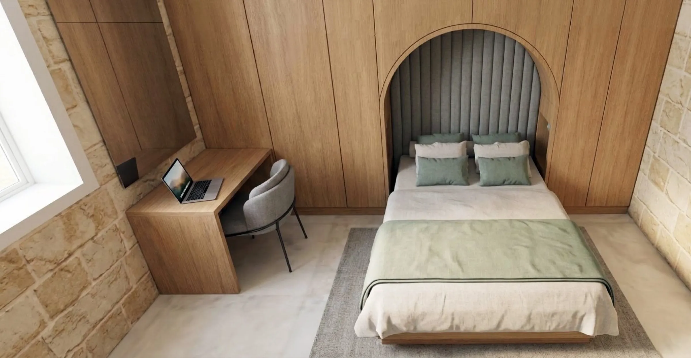 valletta guest house, a desk beside the arch · render