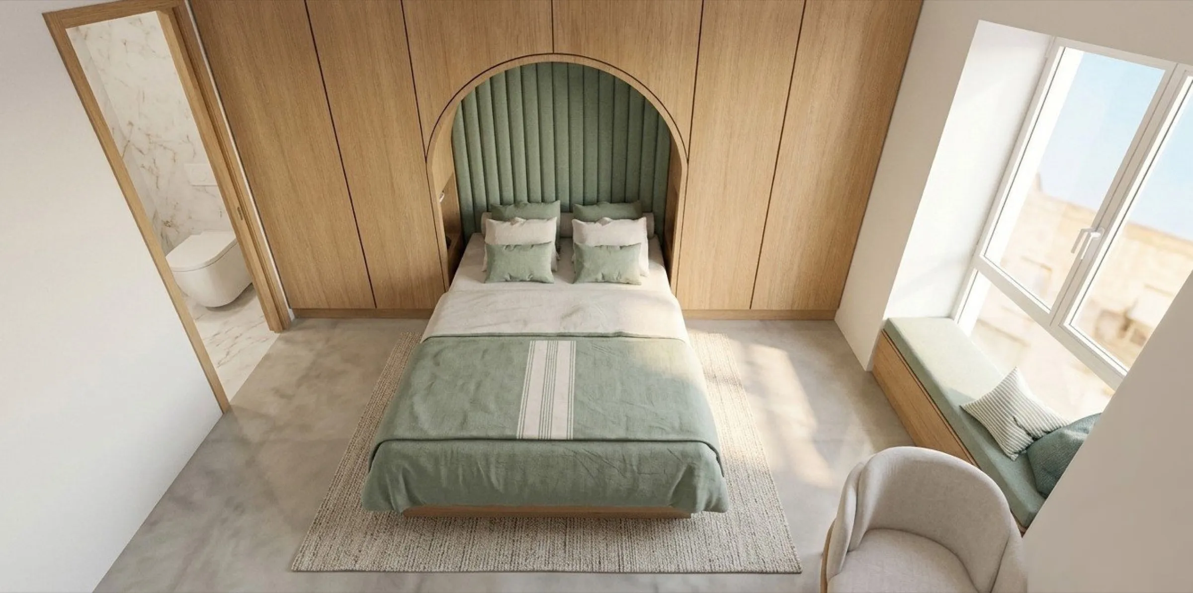 valletta guest house, from above: the bed inside the oak wall · render