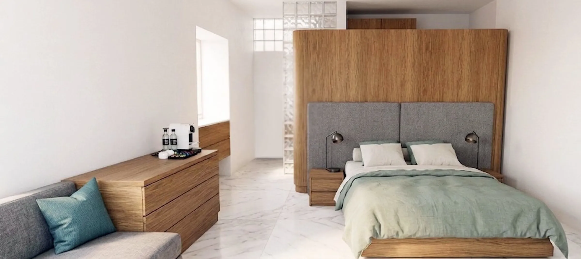 valletta guest house, a headboard wall with shelves · render