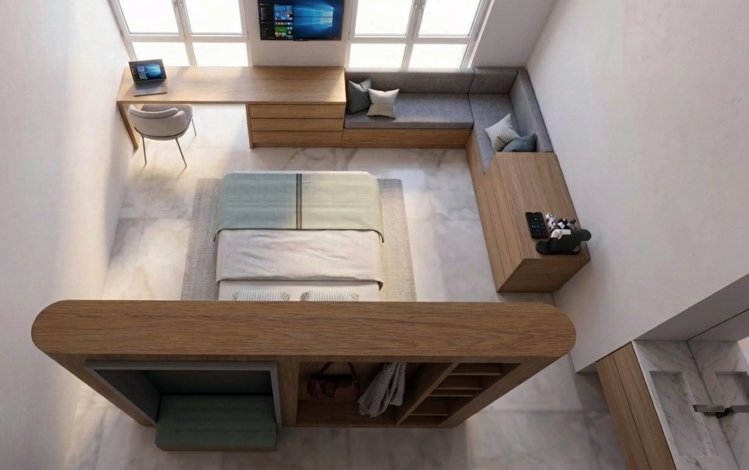 valletta guest house, a long desk and a raised platform, from above · render