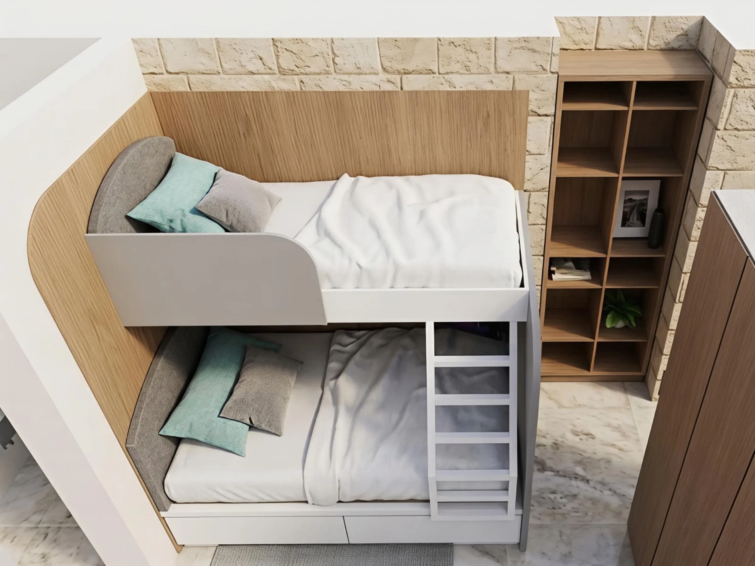 valletta guest house, bunks with a curved oak back · render